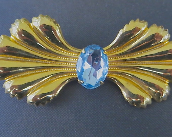 Vintage Bow Brooch, Aquamarine Glass Stone, Ribbon Pin, CLEARANCE