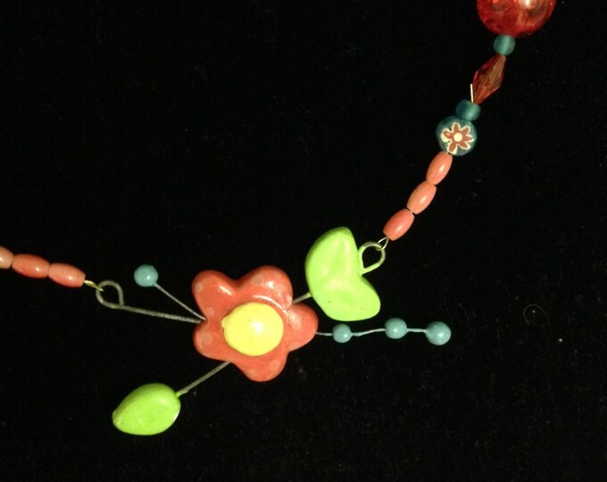 18" Flower Necklace - Pendant is Wood and Wire - Beads are mixed with glass, acrylic, resin, wood and clay.
