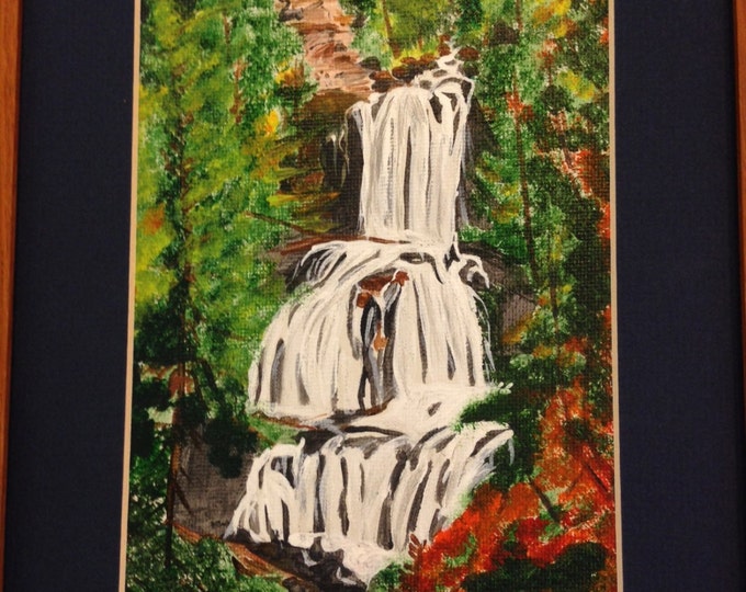 Beautiful Waterfall in the Woods - Blue Matte and Solid Wood Frame