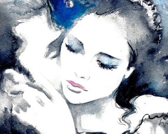 Love Romance Art Print from Original Watercolor Painting Titled Kiss Me, Romantic Bliss, Blue and Black, Romantic Home Decor, Anniversary