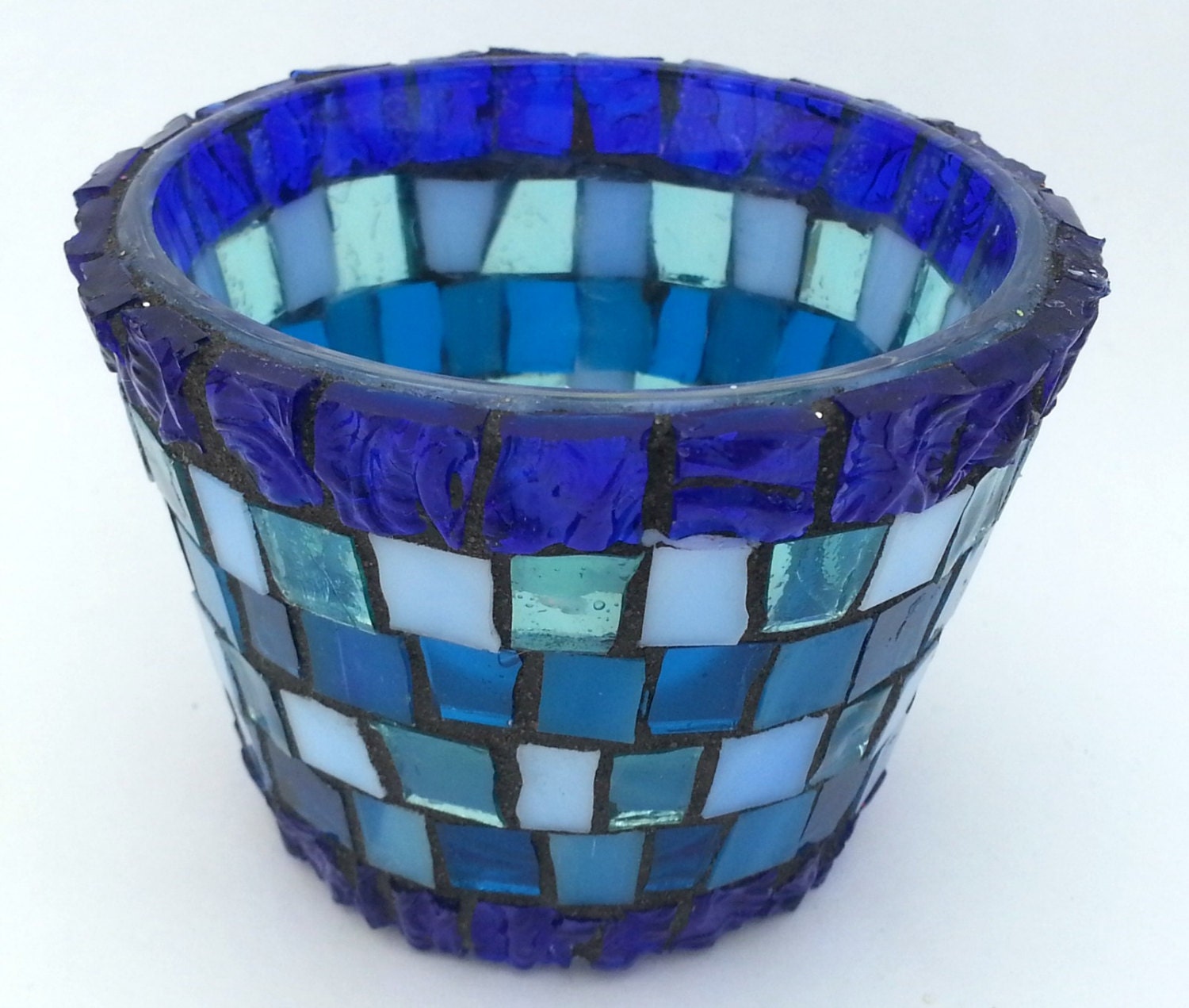 Blue mosaic votive candleholder by ReclaimedMosaics on Etsy