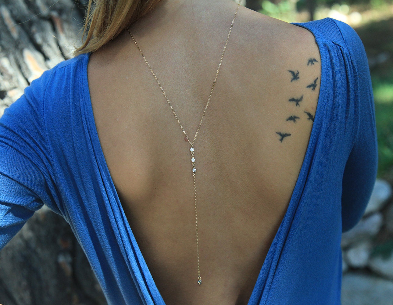 Gold Back Necklace CZ Diamond Lariat Wedding Necklace