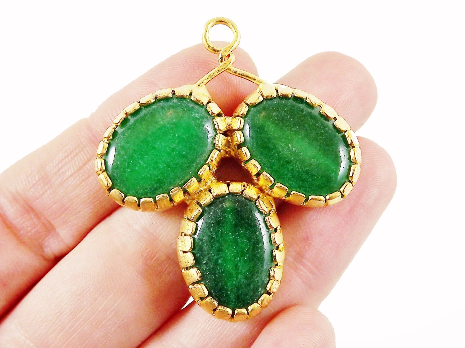 Trio Emerald Green Jade Pendant 22K Matte Gold Plated