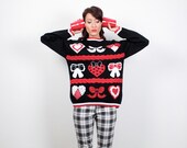 Vintage Tacky Christmas Sweater 1980s 80s Xmas Jumper Hearts Bows Holiday Pullover Ugly Sweater Party Red White Black Knit M Medium L Large Vintage Tacky Christmas Sweater 1980s 80s Xmas Jumper Hearts Bows Holiday Pullover Ugly Sweater Party Red White Black Knit M Medium L Large