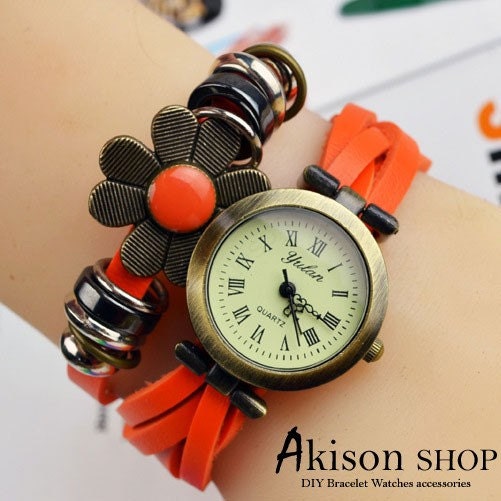 Women Vintage Leather Quartz Wrist Watch Flower Style Braclet Watches S030
