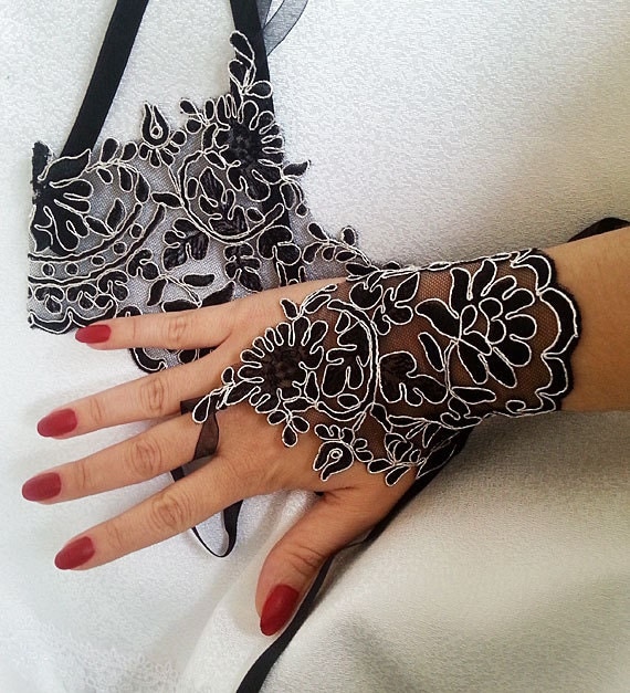 Black and Silver lace wedding gloves bridal gloves