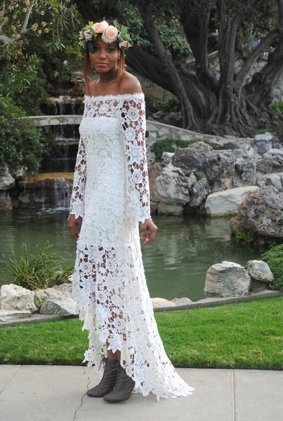 High Low Lace BOHEMIAN WEDDING DRESS Off Shoulder Crochet