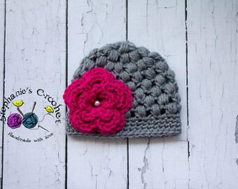 Crochet Newborn baby girl puff stitch hat and by Stephyscrochet