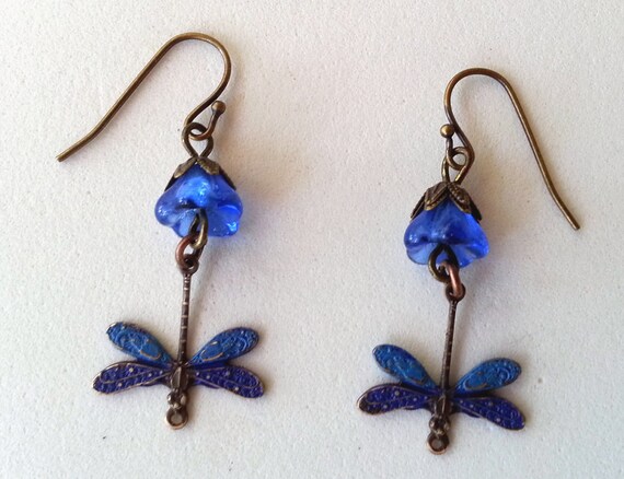 Brass Dragonfly Earrings  Wings of Blue Earrings by MyBuddyBling