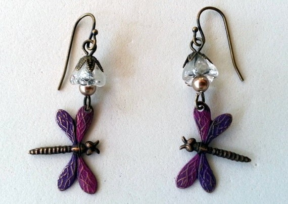 Brass Dragonfly Earrings  Pink and Lavender by MyBuddyBling