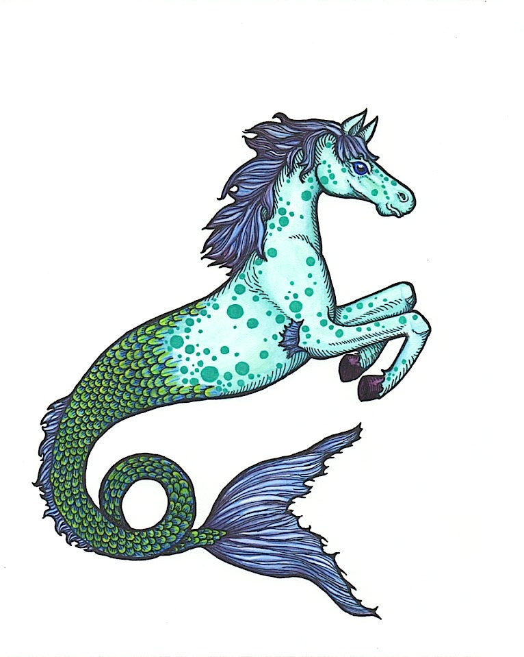 Mythical Hippocampus Seahorse Art Print Watercolor Painting