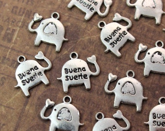 10 Buena Suerte Elephant with Heart Charms Elephant Pendants Antiqued Silver Tone12 x15 mm