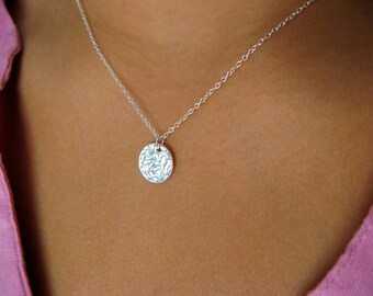 Little Dainty Necklace Sterling Silver with Textured Disc - geometric necklace - hammered disc necklace - minimalist
