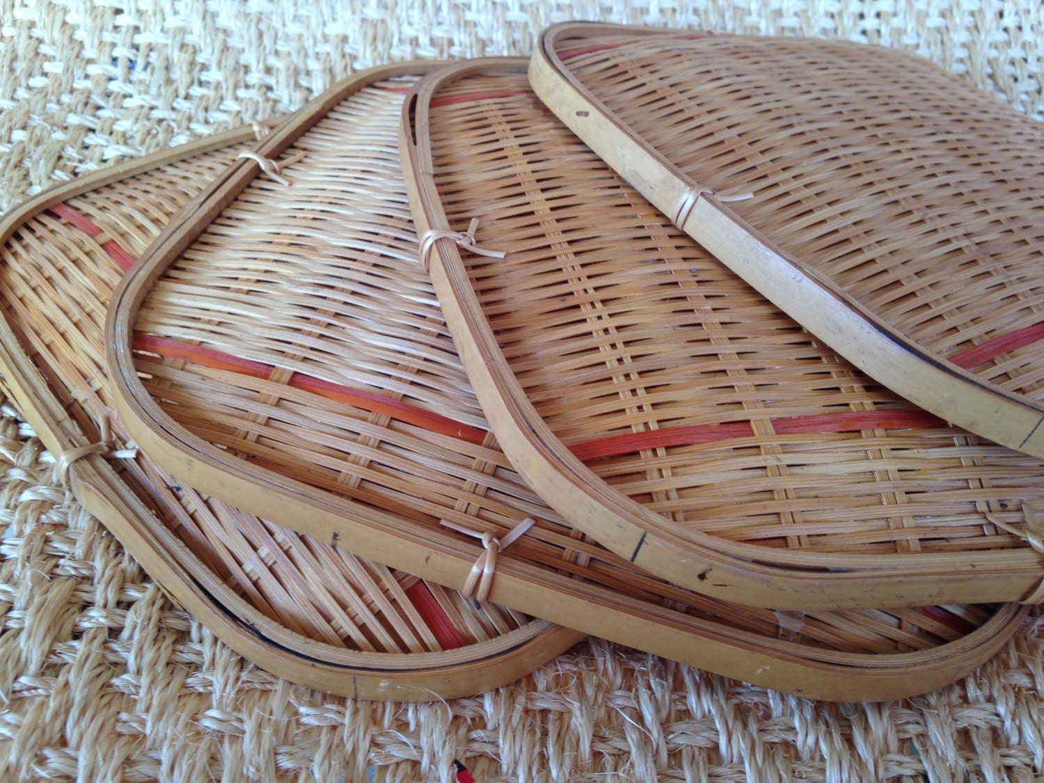 Set of 4 Vtg Winnower Baskets Square Rice Sifters Chinese