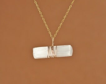 Crystal necklace - selenite necklace - raw crystal - healing crystal - a raw selenite wand wire wrapped onto a 14k gold vermeil chain
