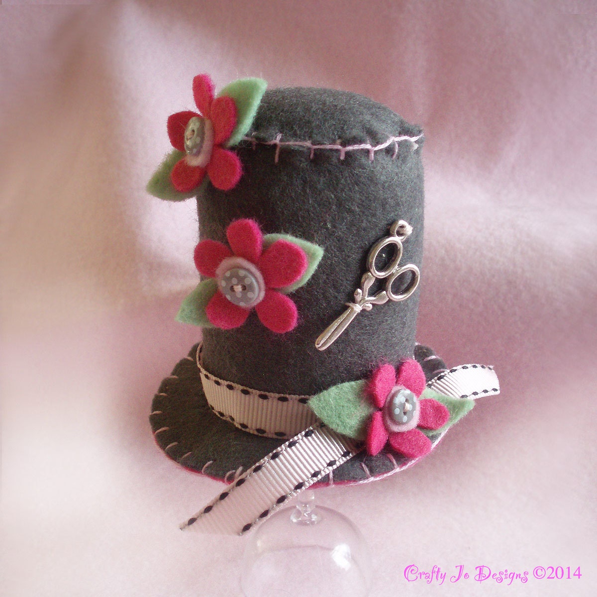 Felt Pincushion Grey Hat with Pink Flowers Pin Cushion Hat