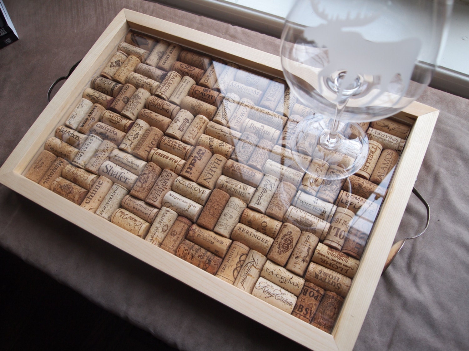 Natural wine cork and birch serving tray with vintage