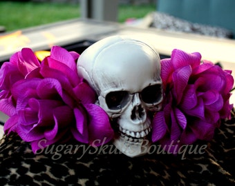Dia de los Muertos Headpiece, Book of Life Inspired, Headband, Sugar Skull Fuchsia Flowers, Halloween Prop, Costume Day of the Dead Wedding