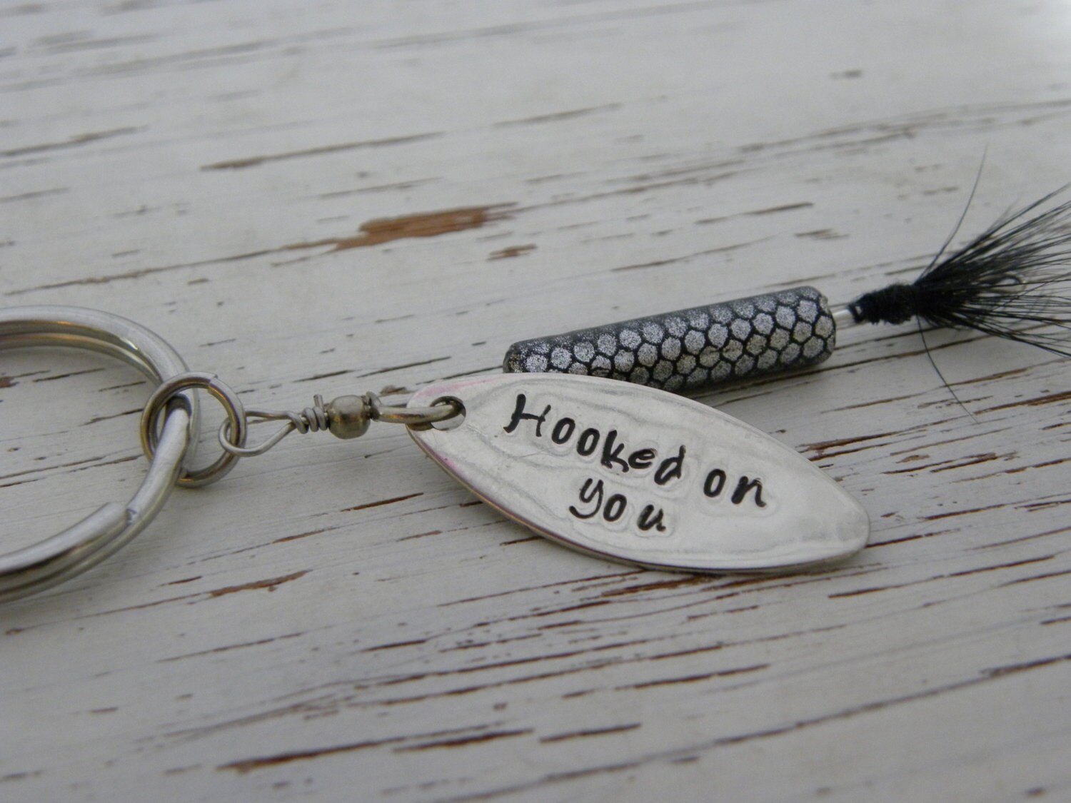 Hooked on you fishing lure keychain hand stamped you