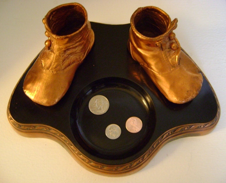 Antique Copper Baby Shoes with Tray