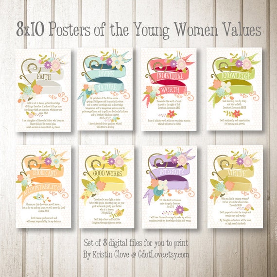 Set of eight 8x10 designs LDS Young Women Values INSTANT