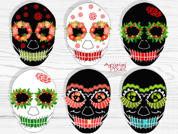 sugar sculls clip art set , 6 images, black, white, flowers, day of the dead, Halloween, commercial use, digital elements, instant download Il_570xn