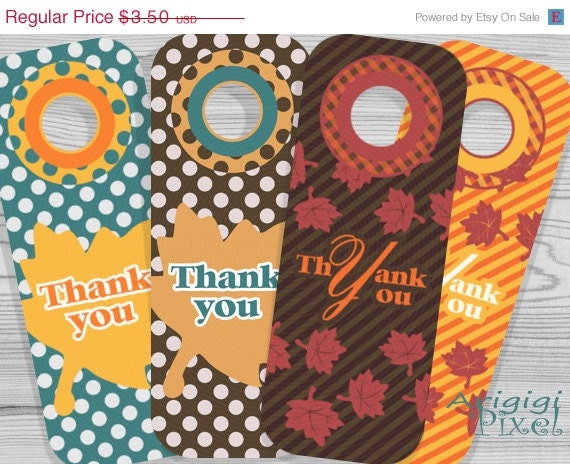 ON SALE 50 % OFF Thank you printable wine bottle gift tag, Thanksgiving printables, fall leaves, polka dots, stripes, autumn colors, party , Il_570xn