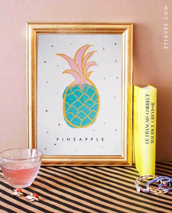 Pineapple / Ananas illustrated digital print poster with gold leaf flakes