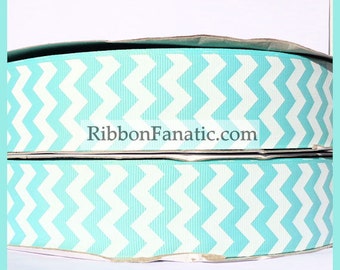 5 yds 1.5" Aqua and White Chevron Stripe Grosgrain Ribbon