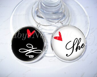 Wedding Wine Glass Charms, Silver Plated Pendant Wine Glass Charms, He, She, Wedding Reception Wine Glass Charms, SET of 2.