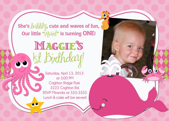 Ocean Friends Whale and Octopus Pink & Green Birthday Party Invitations - printable Il_570xn