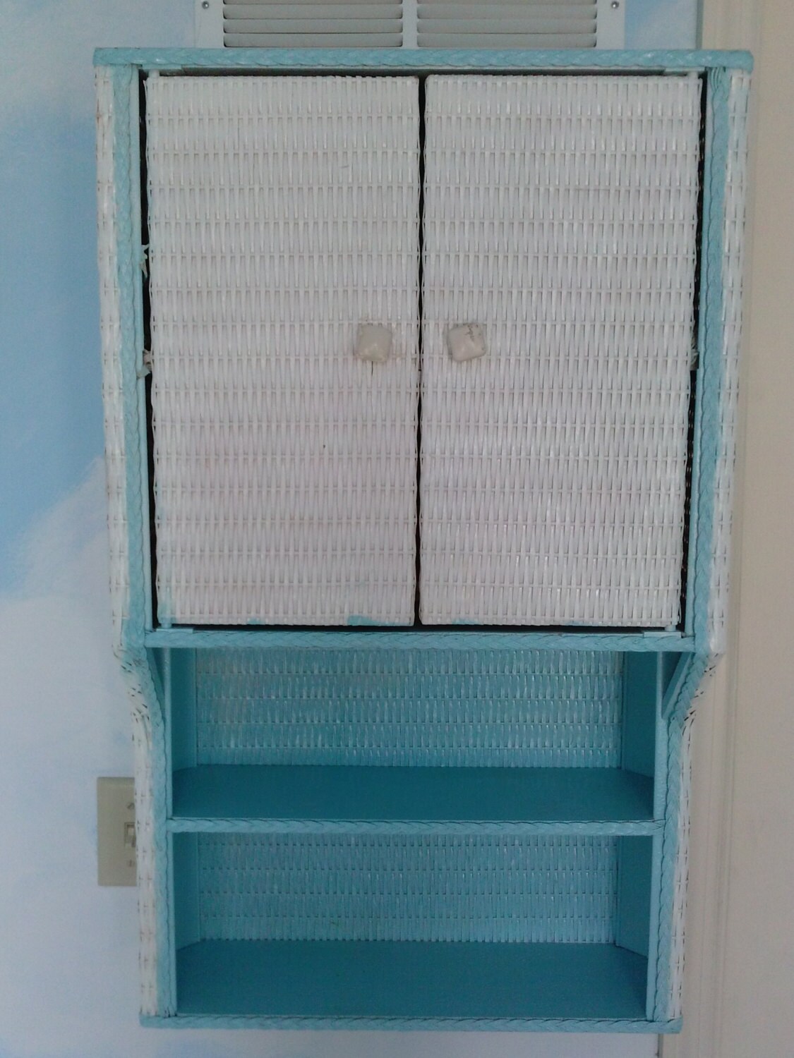 Items similar to Vintage White Woven Wicker Wall Cabinet Shabby Chic ...