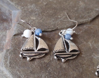 Sailing boat earrings with shell and blue mountain jade from UK ...