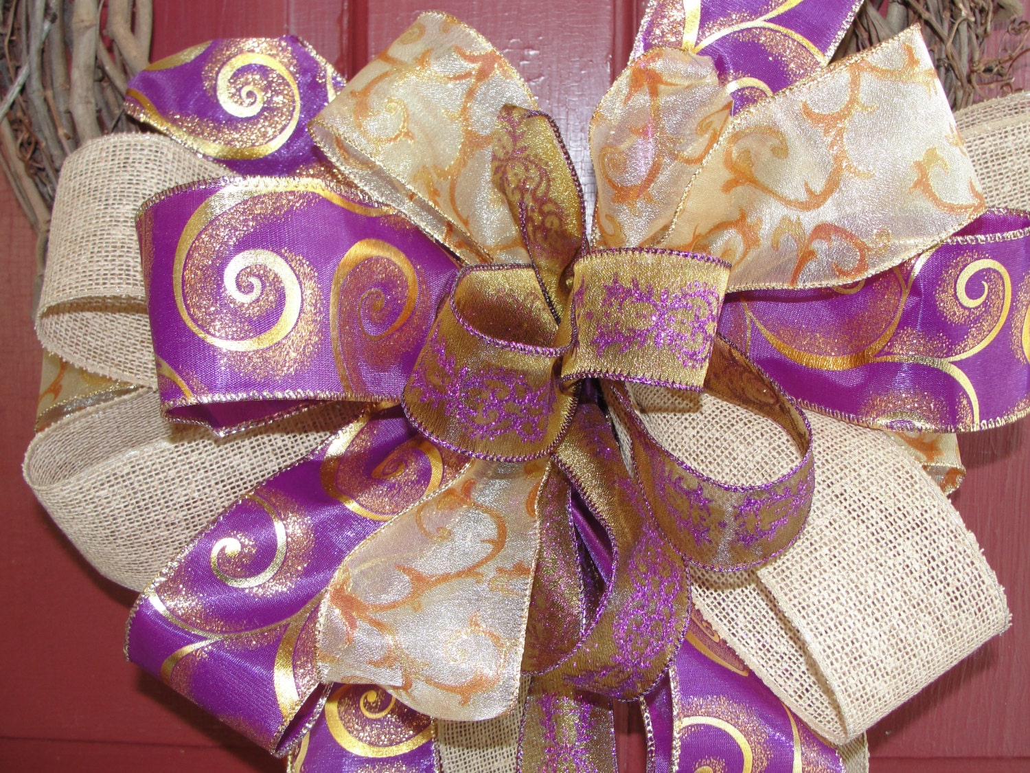 Bow Holiday Wedding Purple Gold Burlap Wreath Decoration Event Thanksgiving Decor Halloween Bow Florist Made