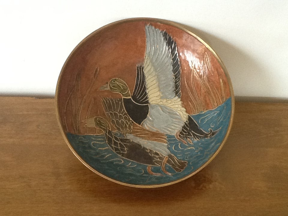 Vintage Enamel Brass Bowl Two Ducks Fall Colors Brass Dish