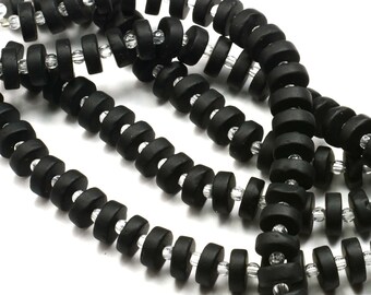 36PC (8.5X3.5mm) Black HEISHI Button Spacer Cultured Sea Glass Beach Glass Beads - 8"