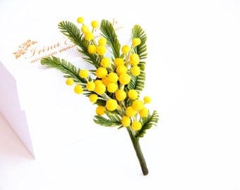 Brooch polymer clay flower. Sprig with mimosa. Flower accessories. For women. Jewelry, brooch, gift, 2014 trends