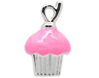 2 Pink Cupcake Charms, Cup-cake pendant, Silver, miniature cupcake jewelry, tiny cake, gift idea bakery or baker, jewelry supplies
