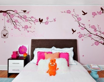 Nursery wall Decal Wall Sticker Kids Vinyl Decals-Cherry Blossoms Tree Decal Birdcage-DK130