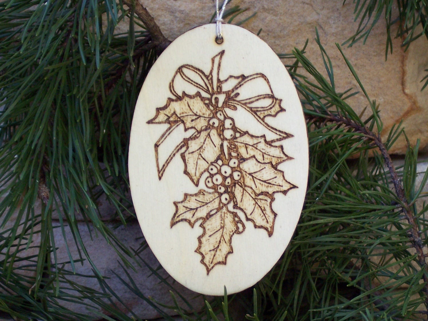 Holly Christmas Woodburned Wood Ornament