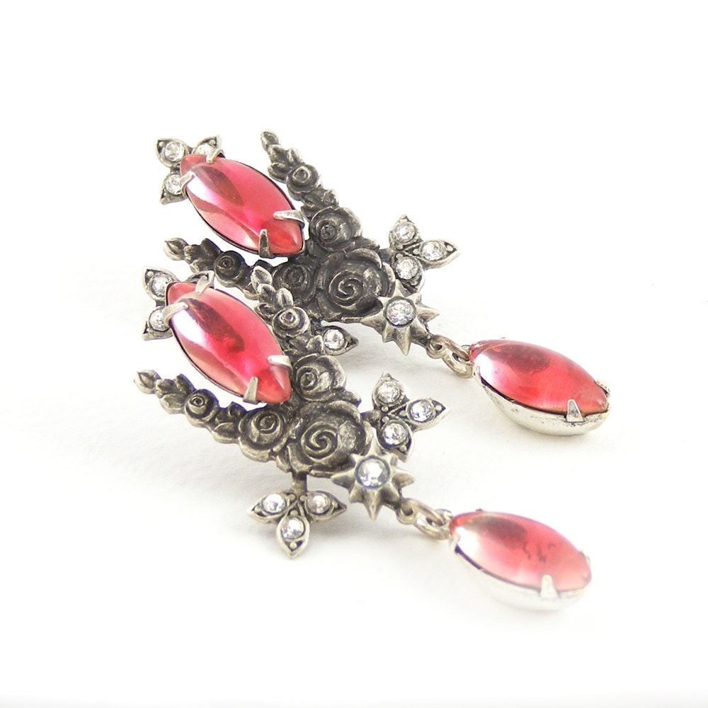 Vintage Rose Earrings, OOAK Pink Crystal Earrings, Estate Style Antique Silver Drop Earrings, Repurposed Recycled