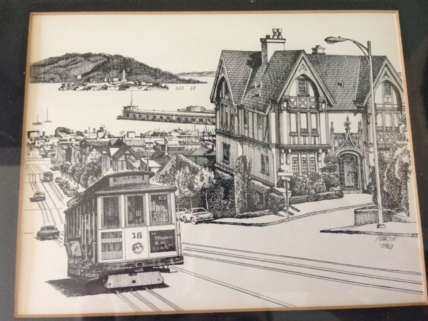 Vintage Pen and Ink Drawing of San Francisco Bay Martin Tang