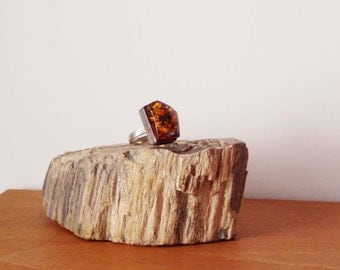 Vintage amber and sterling ring, sterling ring with chunky, trapezoid amber stone from Poland, unique vintage amber, late eighties