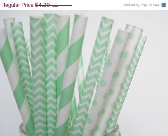 ON SALE 25 Mint Green Paper Straw Mix - Stripe, Chevron and Dots- ships less than 24 hours Il_570xn