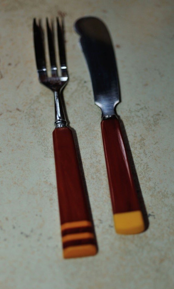 Bakelite Mid Century ButterKnife and Fork by oceanandmorejewels