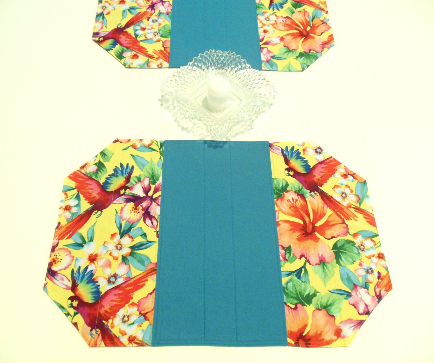Tropical Placemats Teal Yellow Quilted Parrots Flowers Set of
