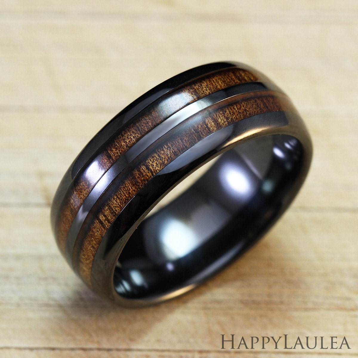 Black Ceramic Ring with Koa Wood Double Inlay 8mm by HappyLaulea