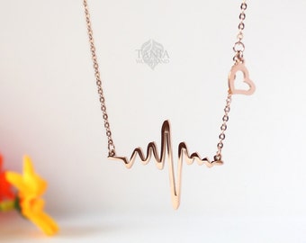 heart necklace, rose gold necklace, heartbeat necklace, little sideways ...