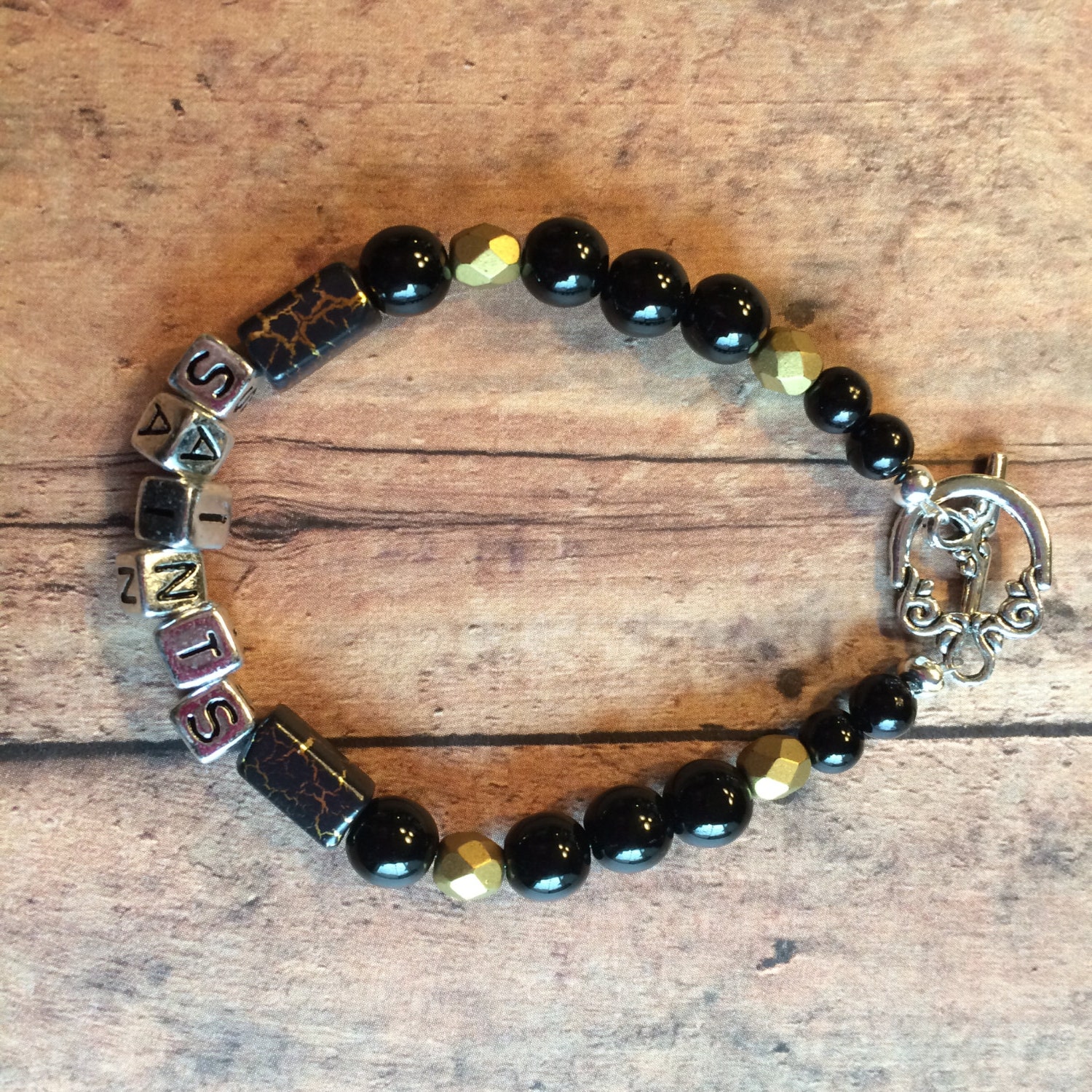Women's Black and Gold Beaded Bracelet by Dunglebees on Etsy