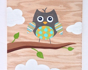 Own Nursery Decor - Woodland Nursery Art - Art on Wood - Woodland Owl - Baby Boy Shower Gift - Cute Owl Art - Gray Nursery - Kids Wall Art